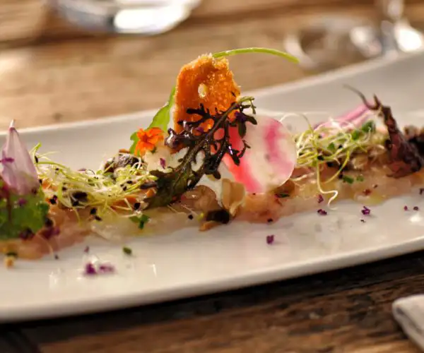 Une entrée raffinée présentée par notre équipe de la Table de 3 à Bordeaux, sur une assiette blanche allongée, composée d'un carpaccio délicat décoré de fleurs comestibles, de jeunes pousses, de radis red meat et d'une tuile croustilleuse.