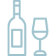 Icône graphique bleu lagon représentant une bouteille de vin et un verre à pied pour la section cave du restaurant la Table de Trois à Bordeaux.